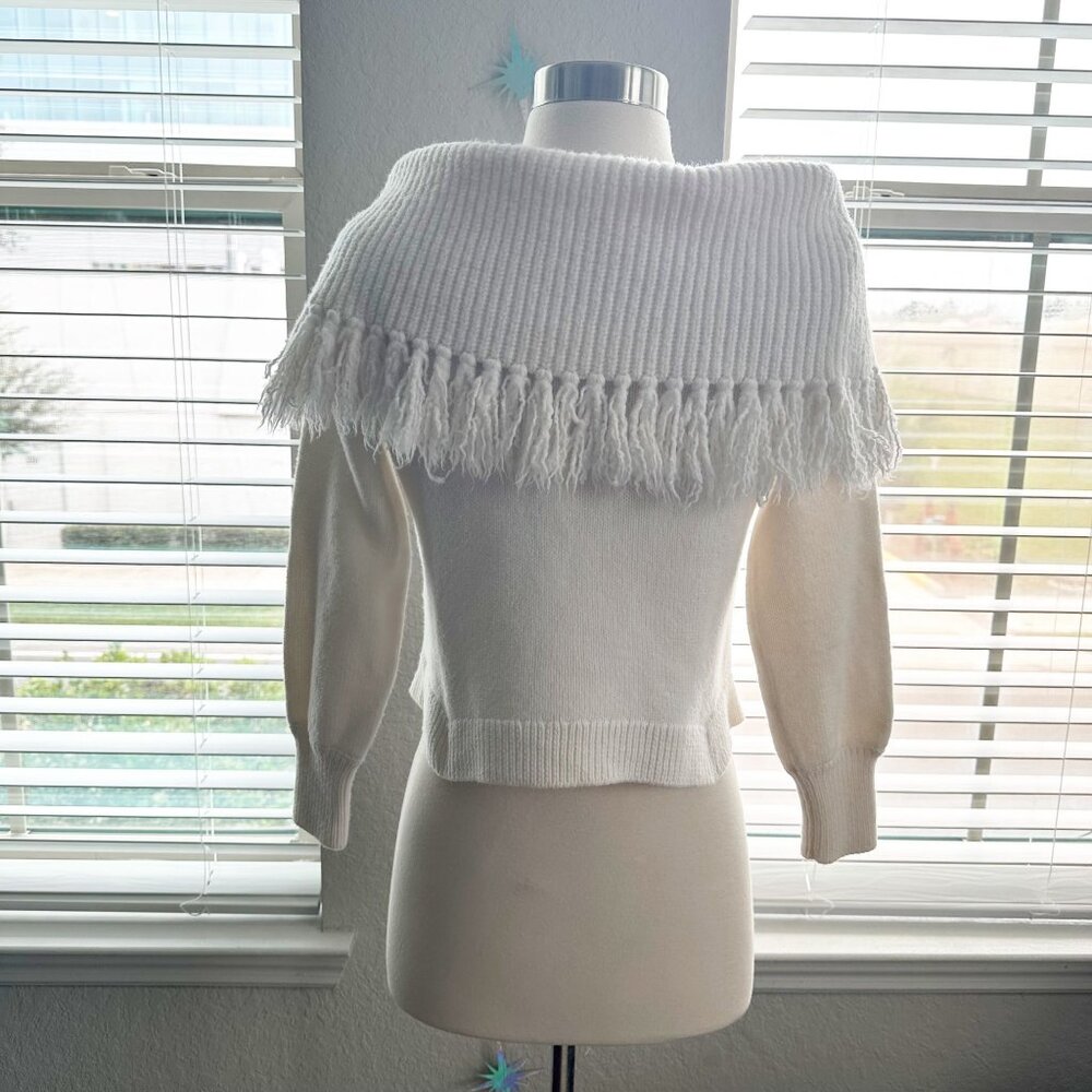 Alice + Olivia Bardot Fringe Off Shoulder Pullover In Soft White - Picture 3 of 14